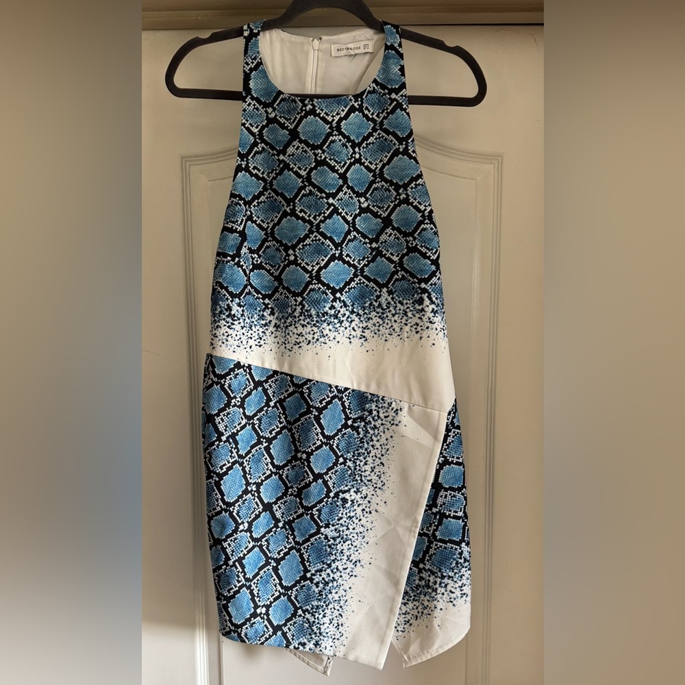 Bec & Bridge Dress Blue Black Womens Size 6 Fitted Side Slit Cocktail Formal 